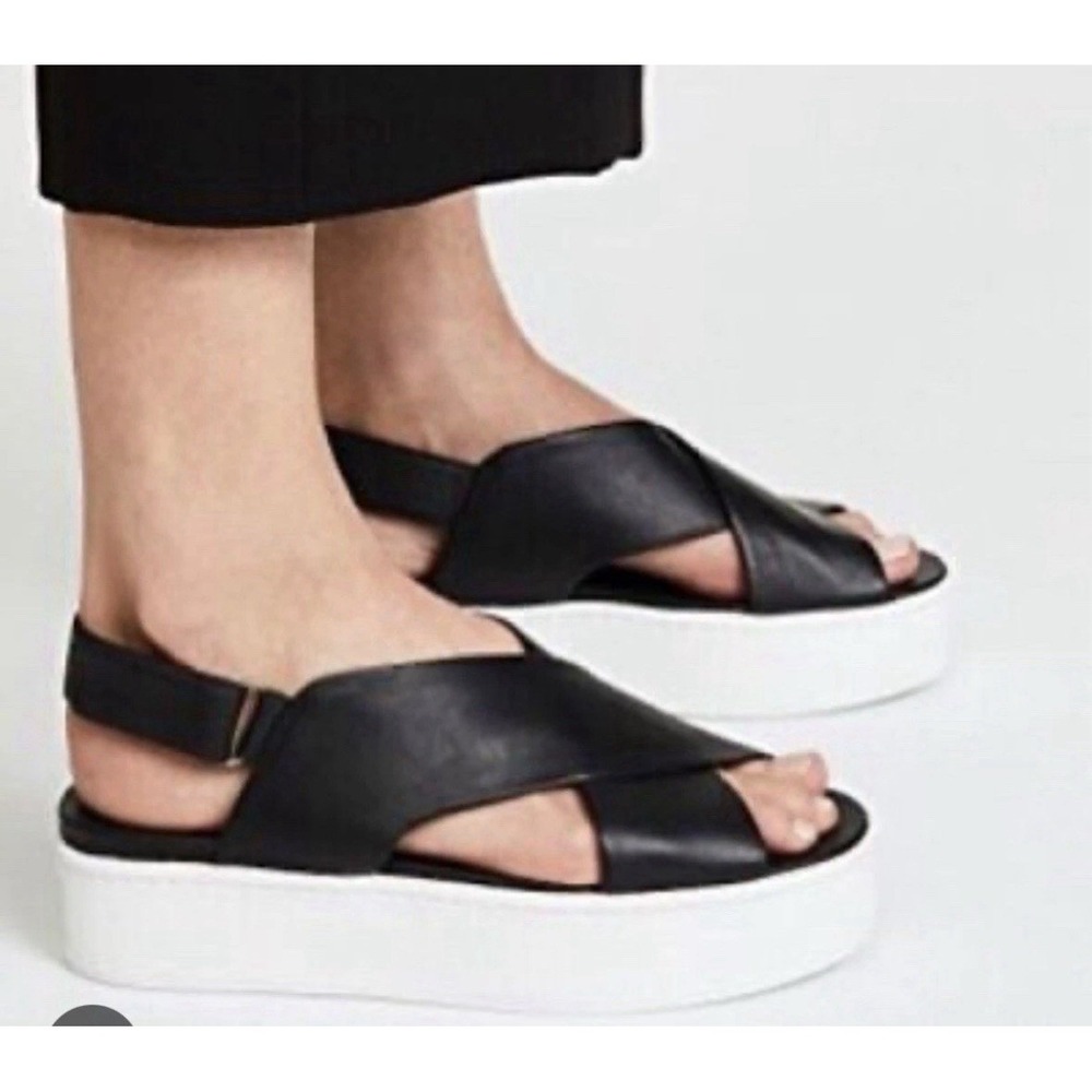 VINCE‎ Black Weslan Criss-Cross Leather Flat Platform Sandals 8.5